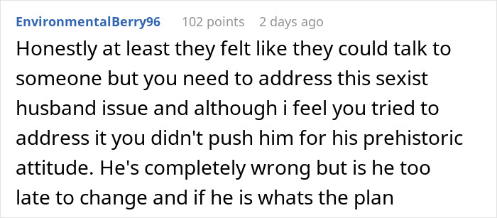 Comment discussing addressing a sexist husband issue related to a man’s reaction to teen daughter’s relationship.