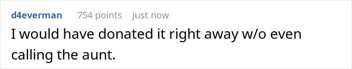 Screenshot of a social media comment mentioning an aunt in a conversation about donating items related to baby crib storage. Screenshot of a social media comment mentioning an aunt in a conversation about donating items related to baby crib storage.