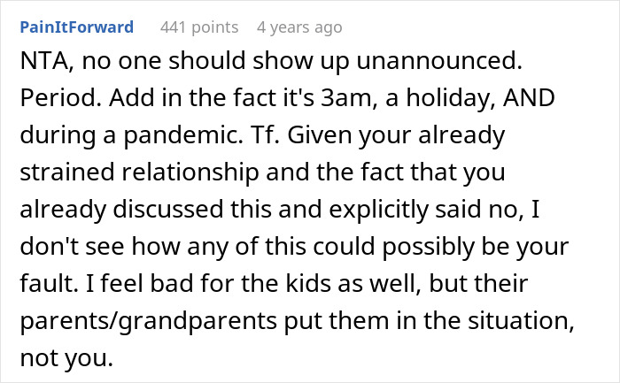 Comment discussing family surprise visit at 1 a.m. on Christmas that led to conflict and being kicked out.
