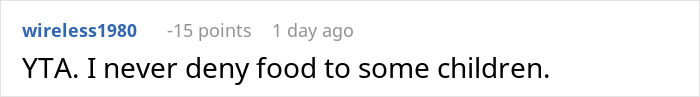 Screenshot of online comment reacting to entitled mother being denied entrance at a private party, mentioning children and food refusal.