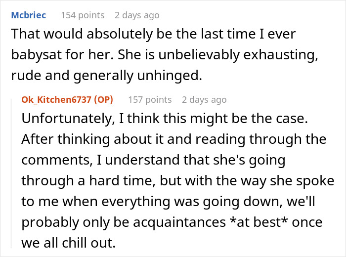 Screenshot of a Reddit conversation about a friend agreeing to babysit overnight and a mom's panic calls every 30 minutes. Screenshot of a Reddit conversation about a friend agreeing to babysit overnight and a mom's panic calls every 30 minutes.