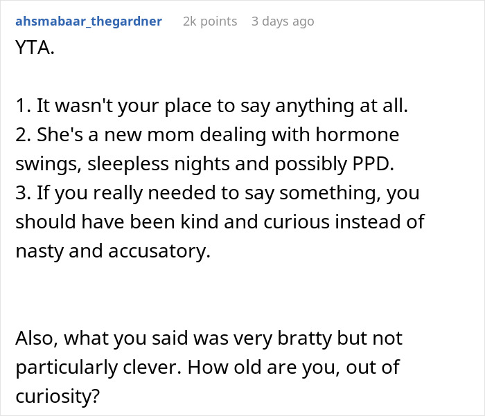 Comment on Reddit about stay-at-home mom struggles, hormone swings, sleepless nights, and postpartum depression discussion.