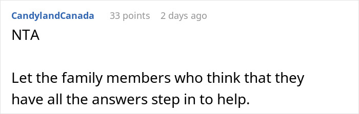 Screenshot of an online comment saying NTA and advising family members to step in and help with babysitting nephew. Screenshot of an online comment saying NTA and advising family members to step in and help with babysitting nephew.