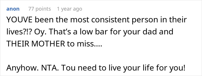 Comment expressing support for a teen refusing to babysit step-siblings again amid family conflict.