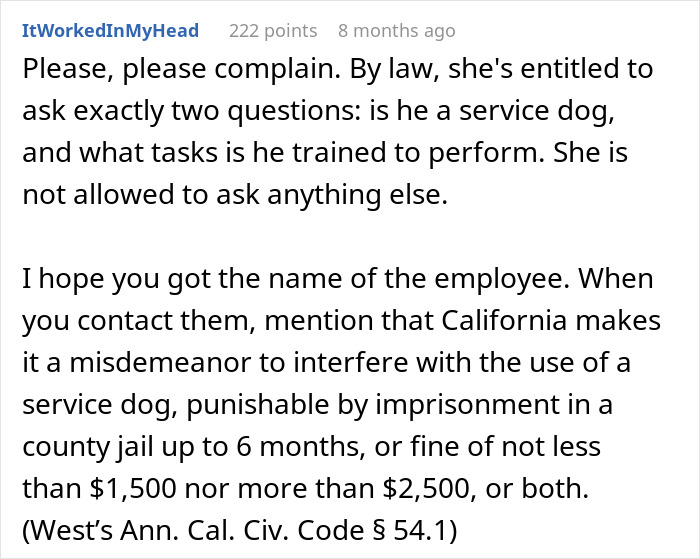 Comment explaining legal limits on Disneyland security questions about service dogs for disabled guests in California. Comment explaining legal limits on Disneyland security questions about service dogs for disabled guests in California.