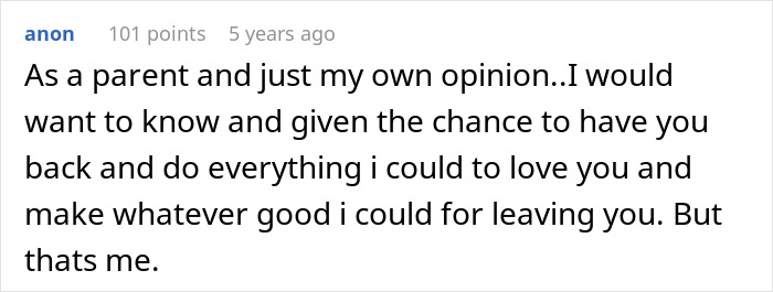 Comment expressing a parent's perspective on love and regret regarding adoption and reuniting with bio family. Comment expressing a parent's perspective on love and regret regarding adoption and reuniting with bio family.