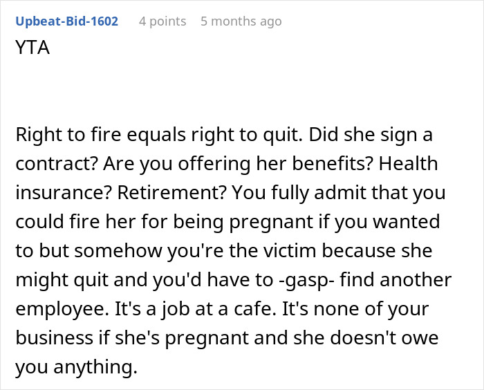 Comment discussing right to fire laws and employment rights regarding asking if an employee is pregnant in a workplace.