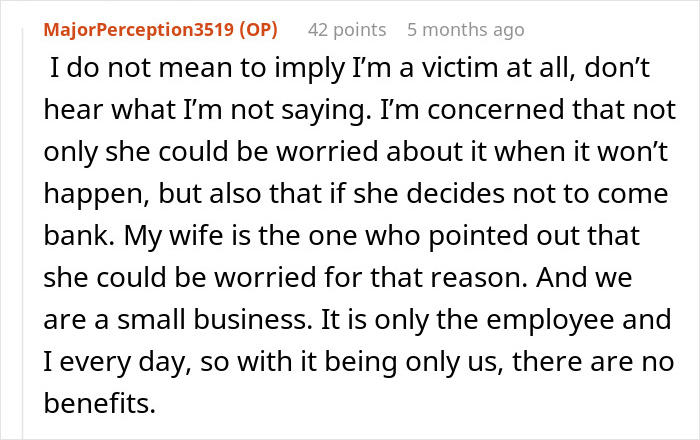 Commenter MajorPerception3519 explains concerns about asking a female employee if she's pregnant in a right to fire state.