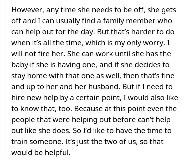 Excerpt from a discussion about a boss wondering if he should ask employee if she’s pregnant in a right to fire state.