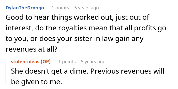 Alt text: Reddit conversation about woman stealing sister-in-law's book and losing all profits from publishing it.