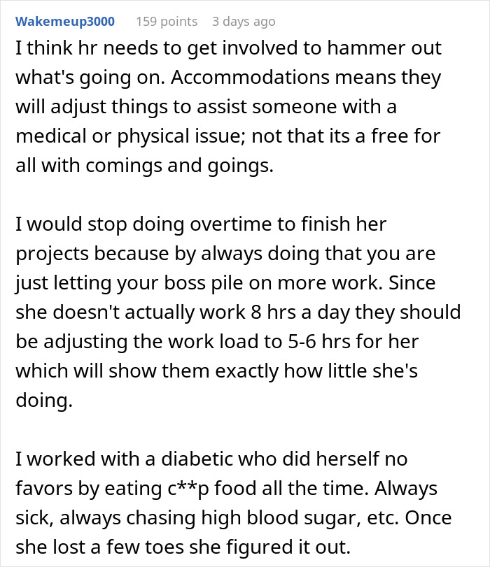 Text of a Reddit comment discussing coworker work issues and consequences of eating habits affecting health and work performance.