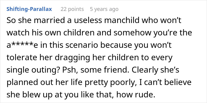 Comment text discussing a friend not understanding why clingy children can't be brought on vacation, highlighting frustration. Comment text discussing a friend not understanding why clingy children can't be brought on vacation, highlighting frustration.