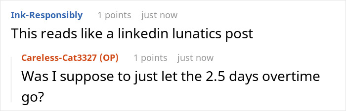 Chat conversation showing a manager letting employee take time off and reacting with disbelief when the employee actually uses it. Chat conversation showing a manager letting employee take time off and reacting with disbelief when the employee actually uses it.