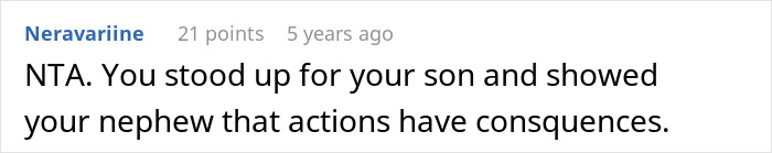 Comment text on a white background where a user supports a woman who took back her nephew’s Christmas gift to show consequences.