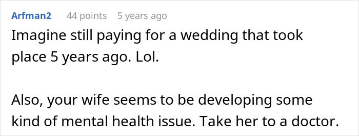 Comment discussing husband bewildered at wife seemingly forgetting their wedding, mentioning mental health concerns. Comment discussing husband bewildered at wife seemingly forgetting their wedding, mentioning mental health concerns.