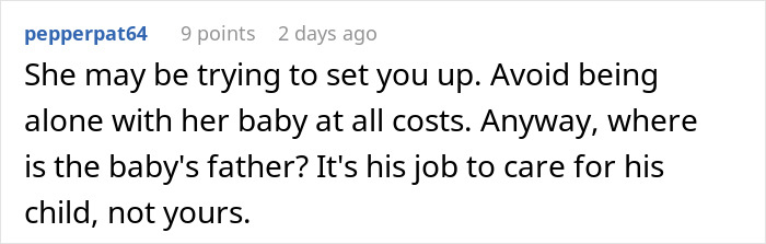 Comment about sibling refusing newborn nephew care, warning to avoid being alone with the baby and questioning the father’s role. Comment about sibling refusing newborn nephew care, warning to avoid being alone with the baby and questioning the father’s role.