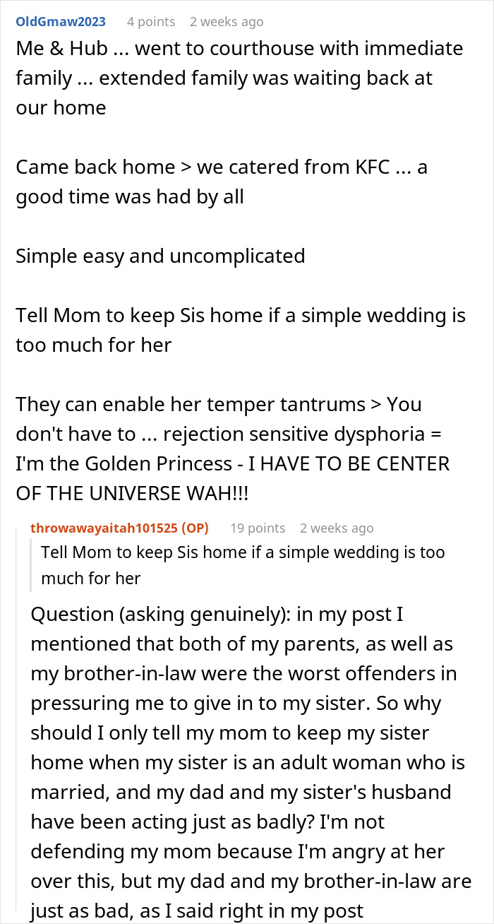 Reddit discussion about a guy rejecting his sister’s idea for a big wedding causing family conflict with rejection sensitive dysphoria. Reddit discussion about a guy rejecting his sister’s idea for a big wedding causing family conflict with rejection sensitive dysphoria.