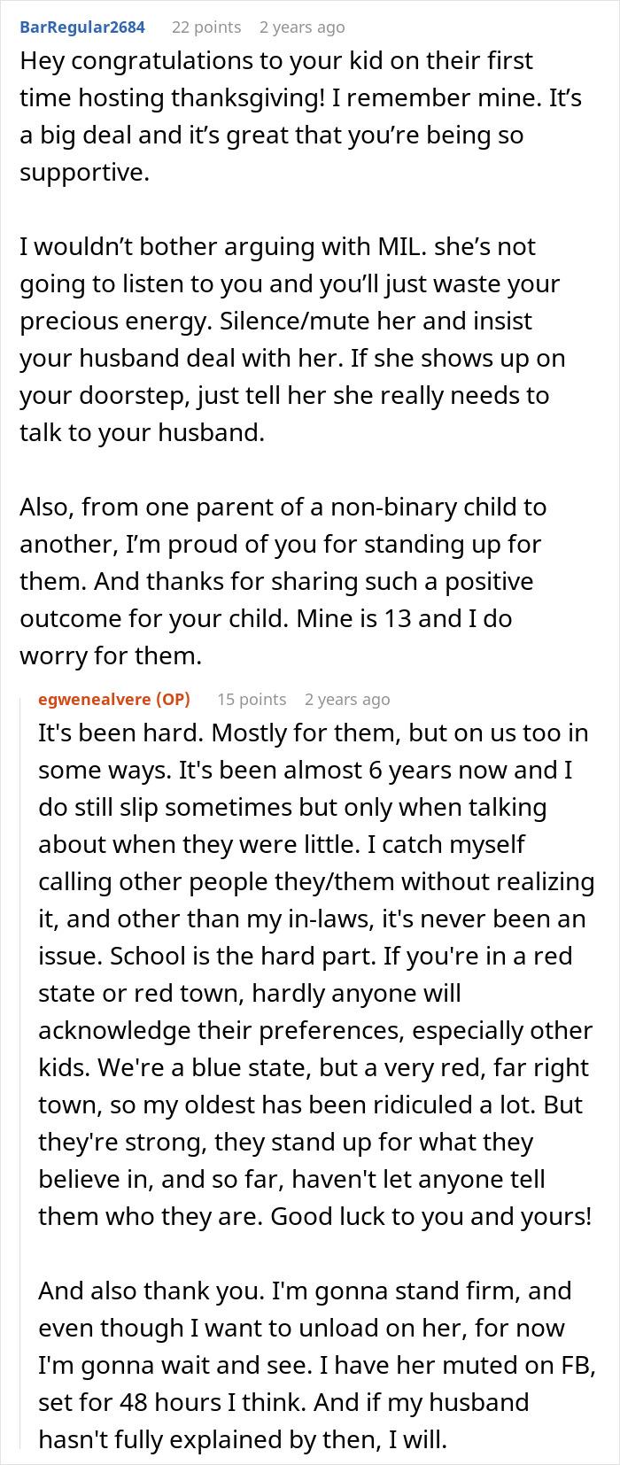 Comment thread about woman defending kid’s non-binary identity while MIL disagrees during Thanksgiving family conflict. Comment thread about woman defending kid’s non-binary identity while MIL disagrees during Thanksgiving family conflict.