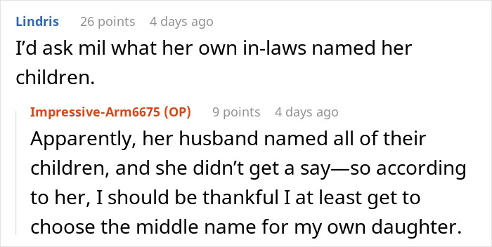 Screenshot of an online discussion where a MIL demands the baby’s name honor her culture while the new mom asserts her own heritage.