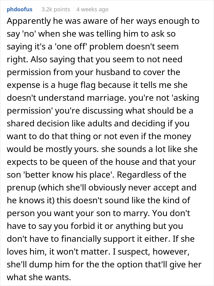 Commenter discussing future daughter-in-law demanding an $80,000 wedding and wealthy in-laws requesting a prenup in return. Commenter discussing future daughter-in-law demanding an $80,000 wedding and wealthy in-laws requesting a prenup in return.