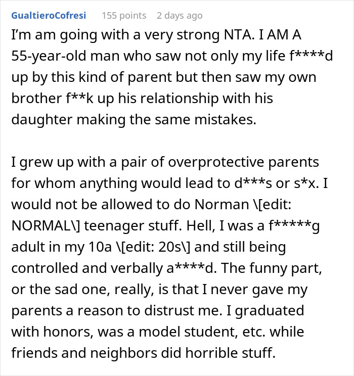 Screenshot of a Reddit comment discussing a man’s reaction to his teen daughter’s relationship and parental control issues.