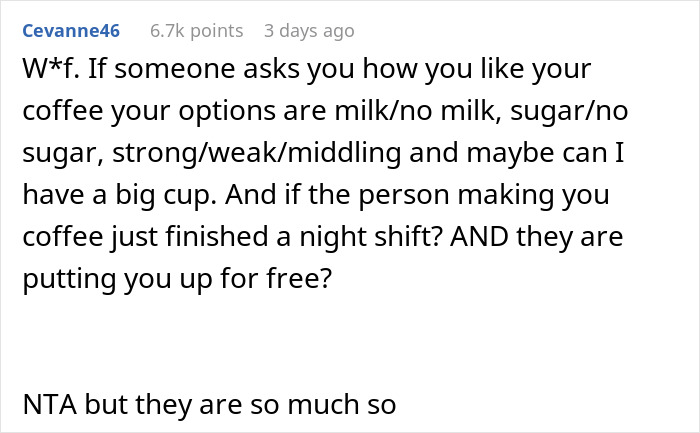 Screenshot of a Reddit comment about MIL offering to make morning coffee for DIL and ignoring fancy recipe instructions. Screenshot of a Reddit comment about MIL offering to make morning coffee for DIL and ignoring fancy recipe instructions.