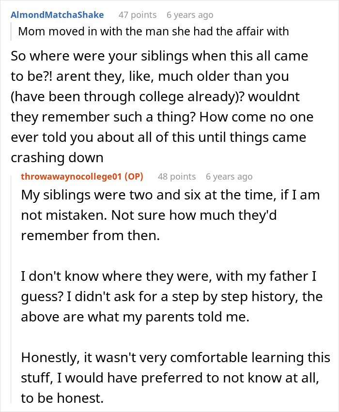 Reddit conversation discussing a mom’s affair and its impact on college money and relationship with dad. Reddit conversation discussing a mom’s affair and its impact on college money and relationship with dad.
