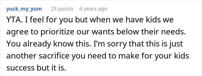 Reddit comment expressing support but emphasizing choosing nose job over kids college funds means prioritizing wants below their needs. Reddit comment expressing support but emphasizing choosing nose job over kids college funds means prioritizing wants below their needs.