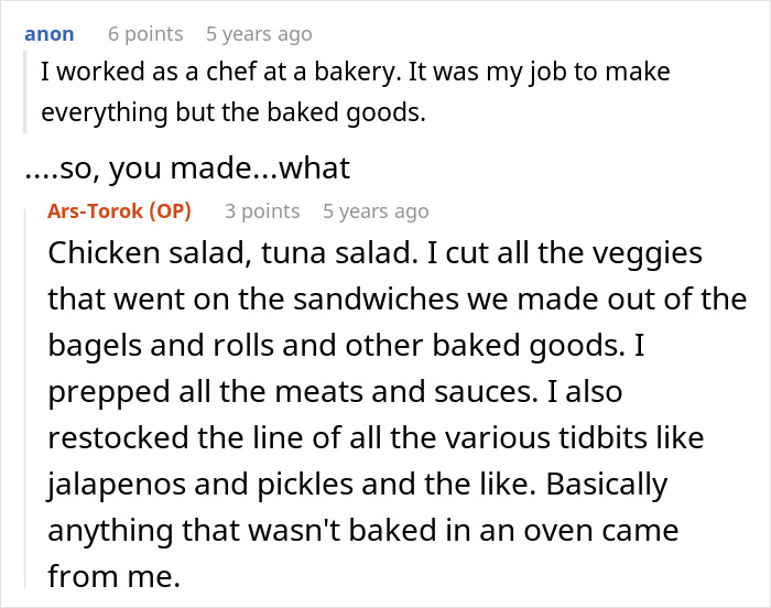 Alt text: Online discussion about a baker’s role, highlighting bagels and legal humor in a corporate comedy context.