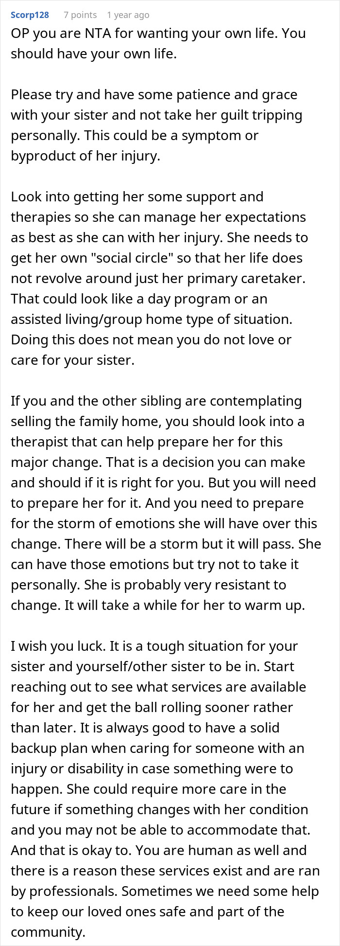 Text comment offering advice to caretaker frustrated by constant guilt trips from sister after sacrificing career. Text comment offering advice to caretaker frustrated by constant guilt trips from sister after sacrificing career.
