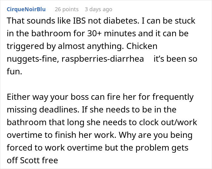 Text post from user describing IBS symptoms causing missed deadlines at work with coworker affected by overtime. Text post from user describing IBS symptoms causing missed deadlines at work with coworker affected by overtime.