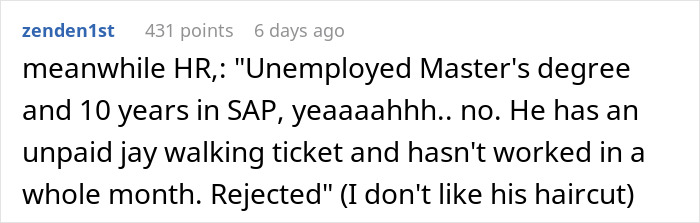 Screenshot of a Reddit comment discussing overworking and job rejection related to employee roles and workload. Screenshot of a Reddit comment discussing overworking and job rejection related to employee roles and workload.