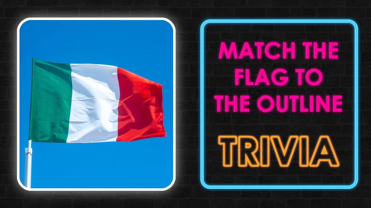 Italian flag waving against blue sky next to neon sign inviting to match country outlines to their flags quiz