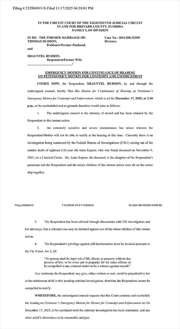 Legal document showing motion for continuance related to FBI investigation of stepsibling after teen's body found on Carnival Cruise. Legal document showing motion for continuance related to FBI investigation of stepsibling after teen's body found on Carnival Cruise.