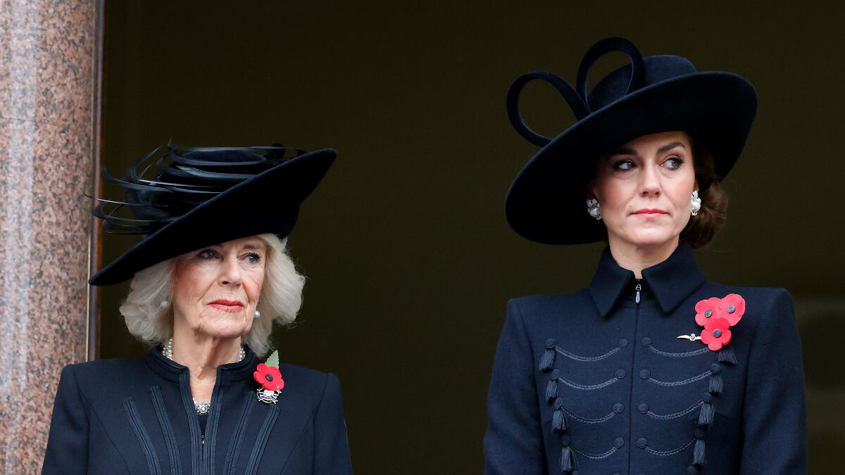 Kate Middleton and Queen Camilla wearing black hats and outfits, symbolizing female touch influencing Andrewu2019s title removal.