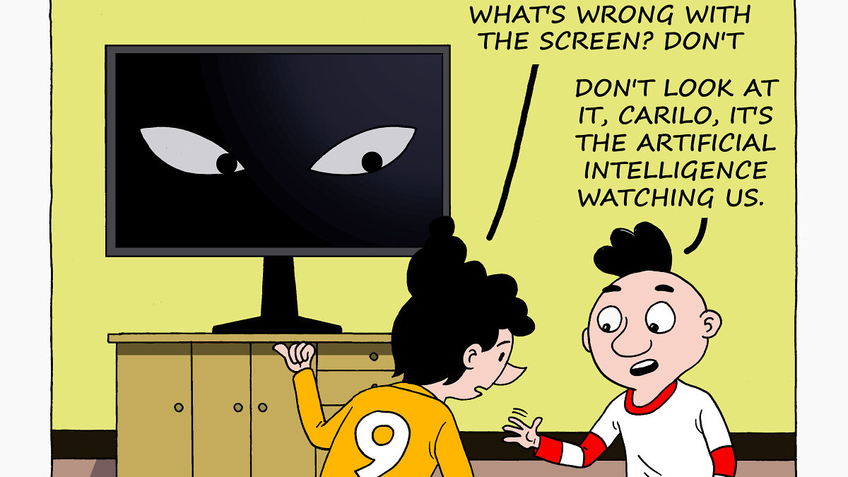 Two characters from Wences and His Friends comics with an AI-themed screen showing watchful eyes.