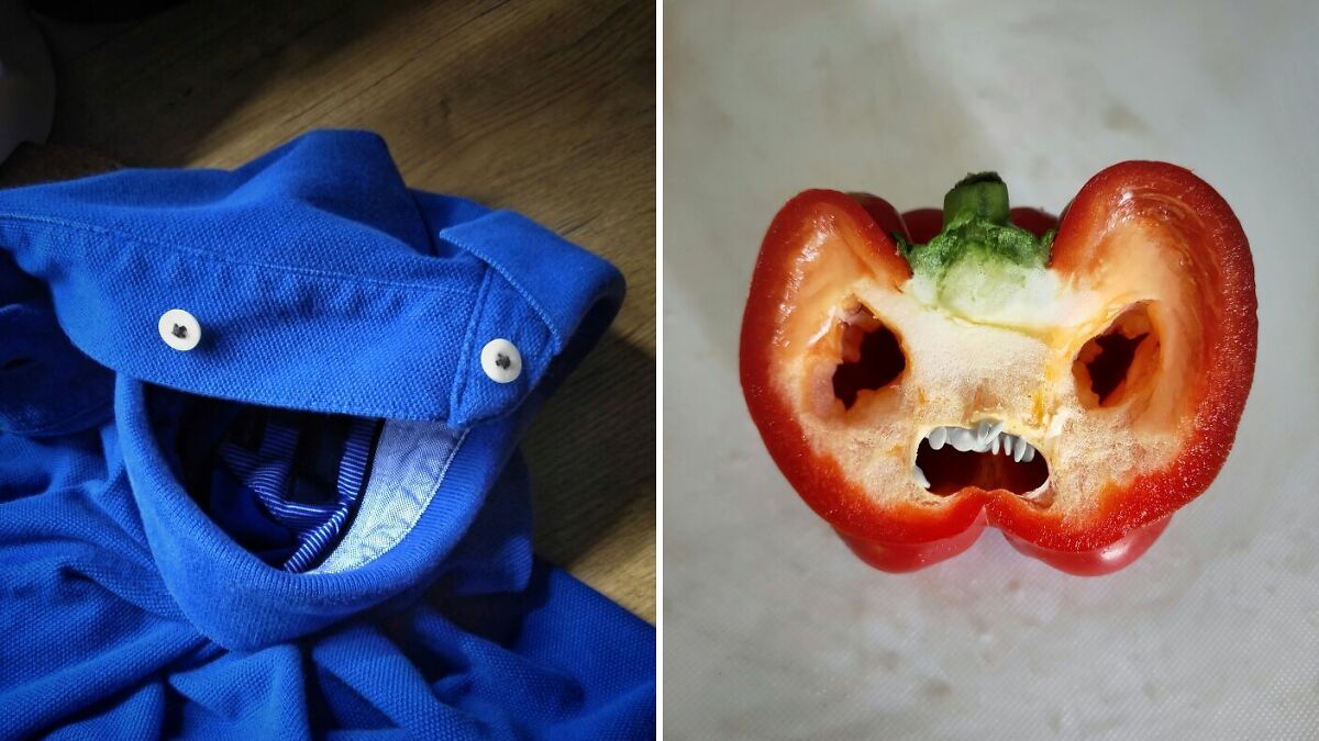 Blue shirt with buttons resembling eyes and a red bell pepper slice shaped like an angry face unintentionally resembling something else
