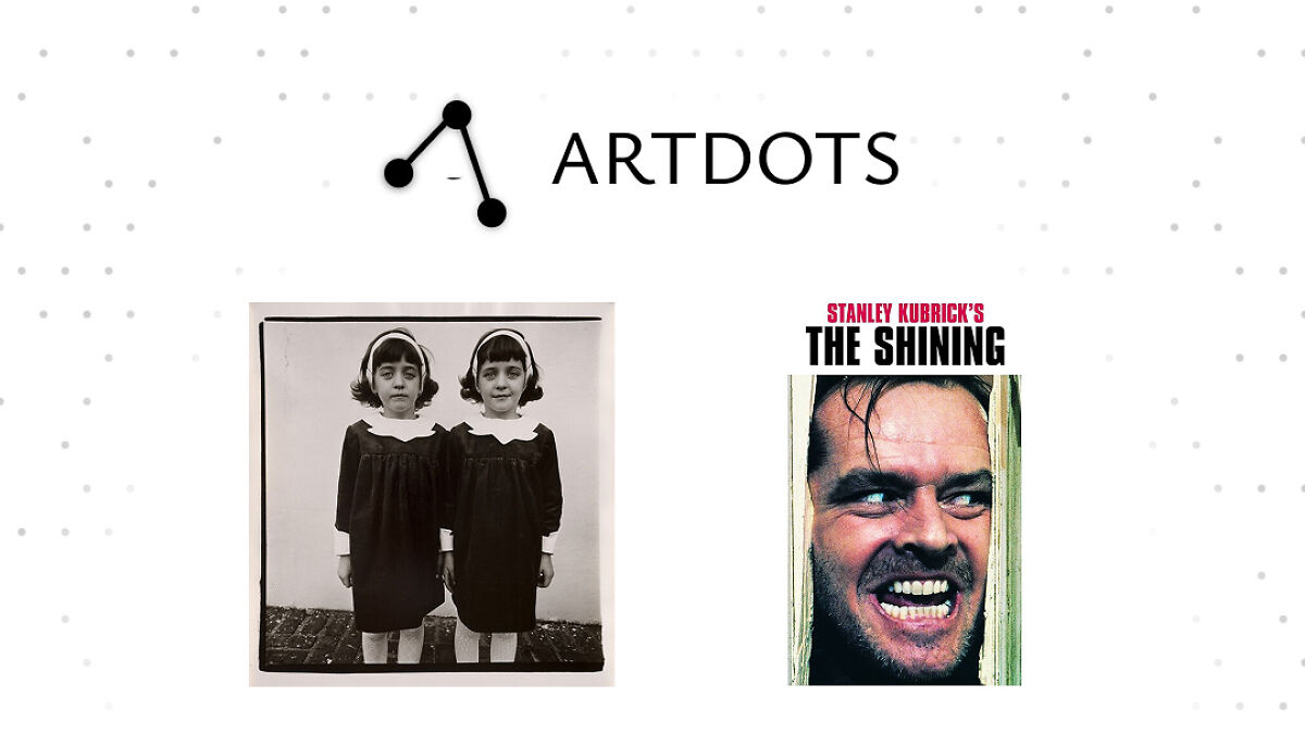 Black and white photograph of twin girls beside a movie poster image, illustrating how photographs and artworks inspire each other.