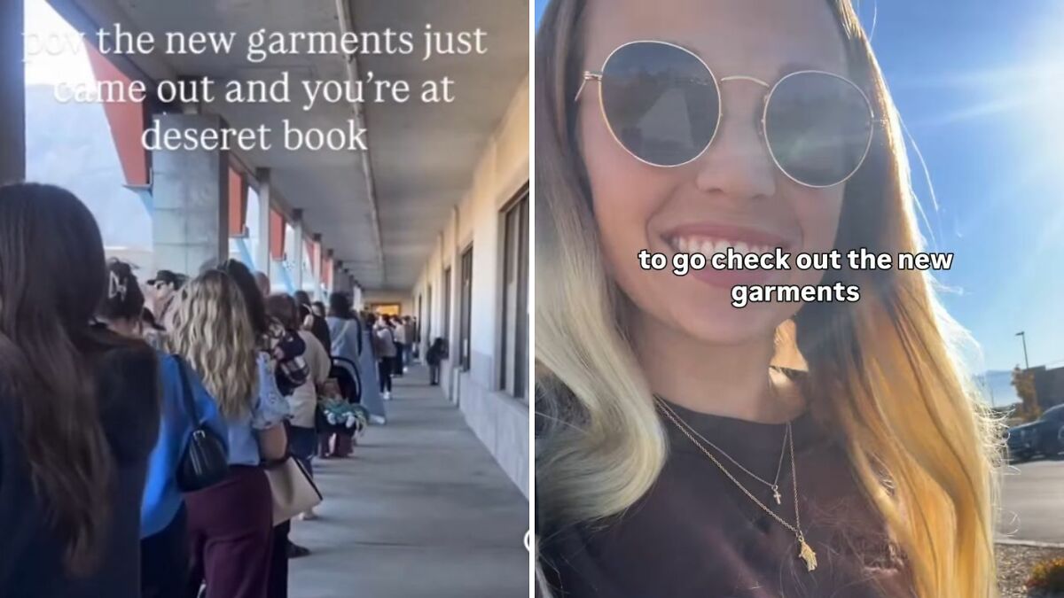 Women lining up outside a store and a smiling woman wearing sunglasses eager to see more revealing sacred underwear.