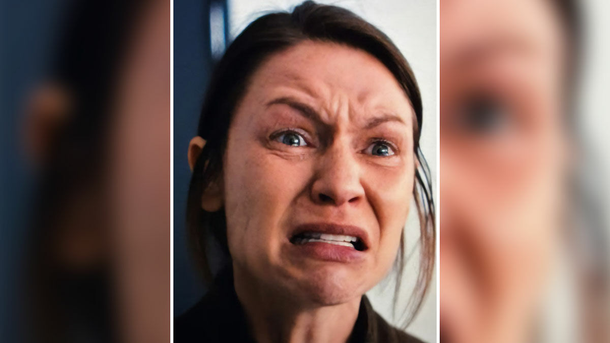 Claire Danes showing a quivering chin and distressed expression in a dramatic scene from her new hit show