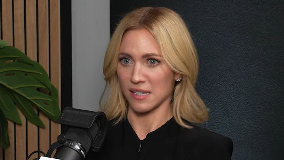 Brittany Snow speaking in a podcast studio, discussing Hollywoodu2019s hidden age rule for women in adult scenes.