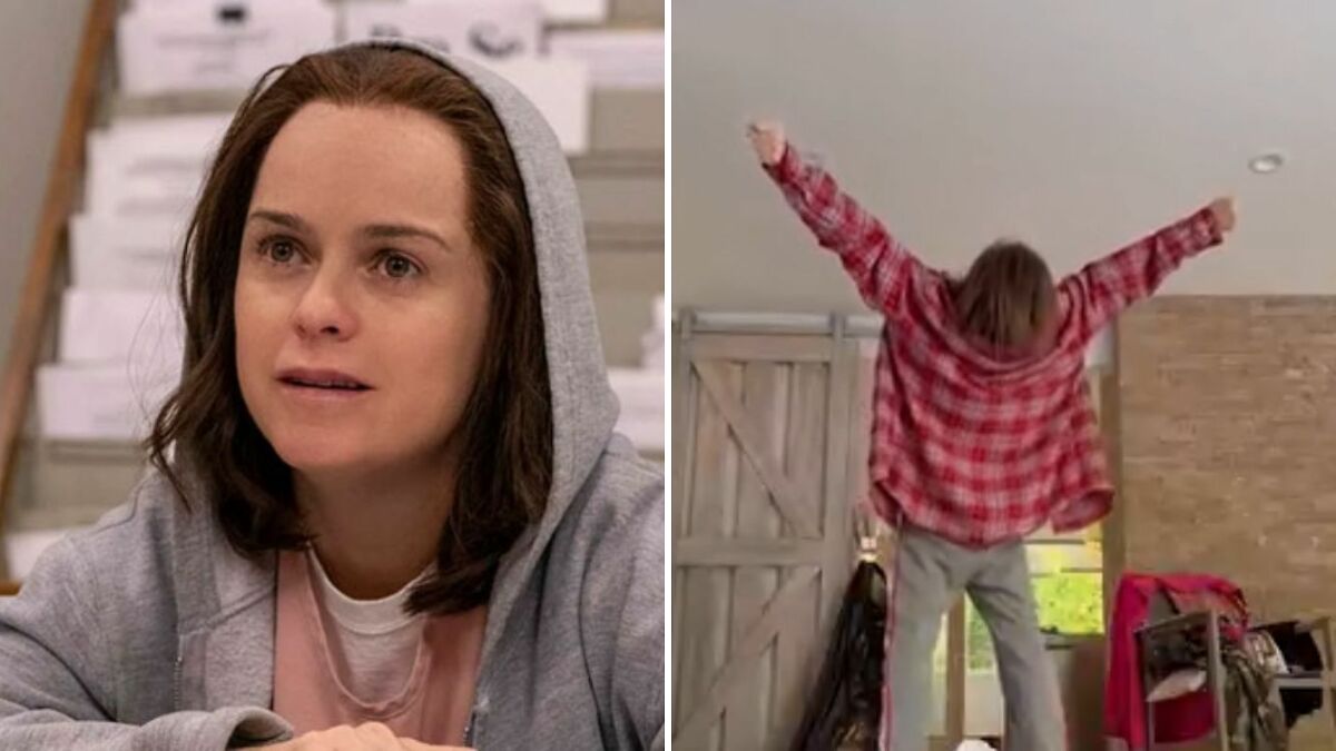 Taryn Manning wearing a hoodie looking concerned, alongside an image of her stretching arms indoors in casual clothes.