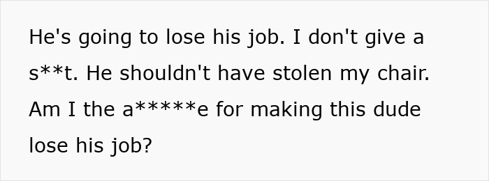 Text message discussing someone losing their job over a $1.8K office chair dispute.