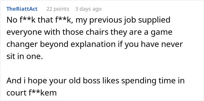 Comment discussing the impact of $1.8K office chairs and the consequences related to a person’s job loss over it.