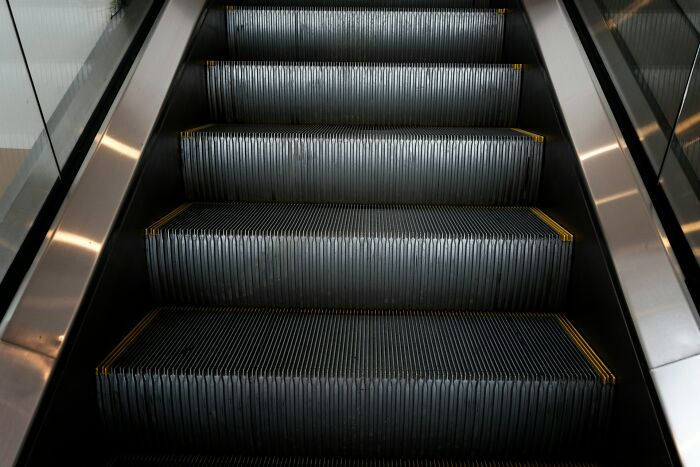 Close-up of metal escalator steps inside a building, illustrating common words and their etymology concepts.