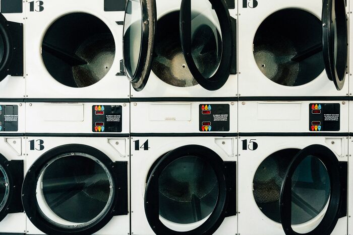 Row of industrial laundry machines with open doors, creating a surreal, unsettling scene captured by surveillance cameras.
