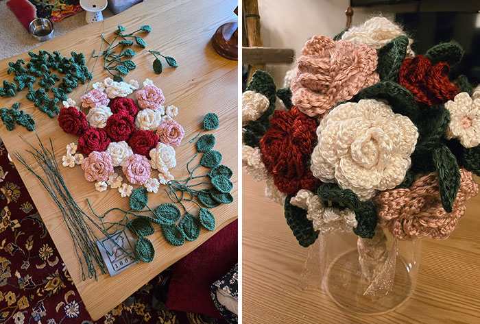 Crochet enthusiasts showcase beautiful handmade crochet flowers in various colors arranged as a floral bouquet.