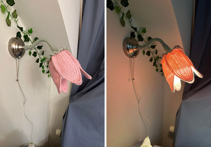 Crochet enthusiasts handmade pink flower wall lamp shown both off and glowing, showcasing creative crochet project pride.