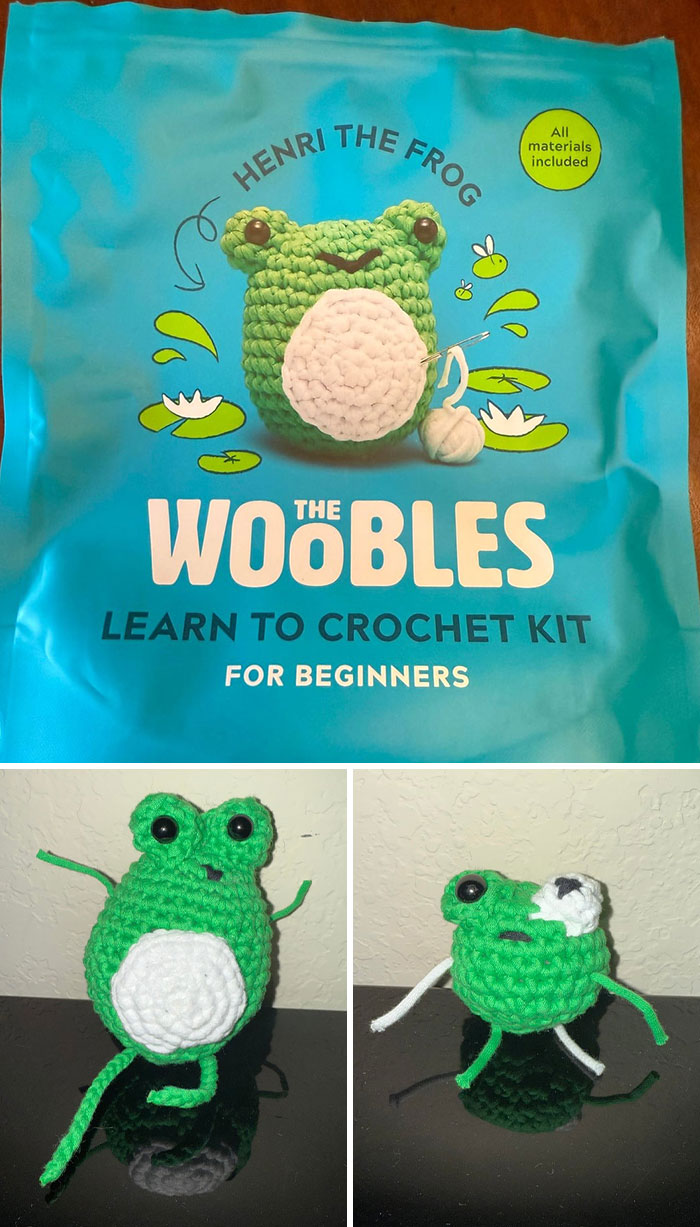 Crochet enthusiasts share their proud frog amigurumi projects made using beginner crochet kits.