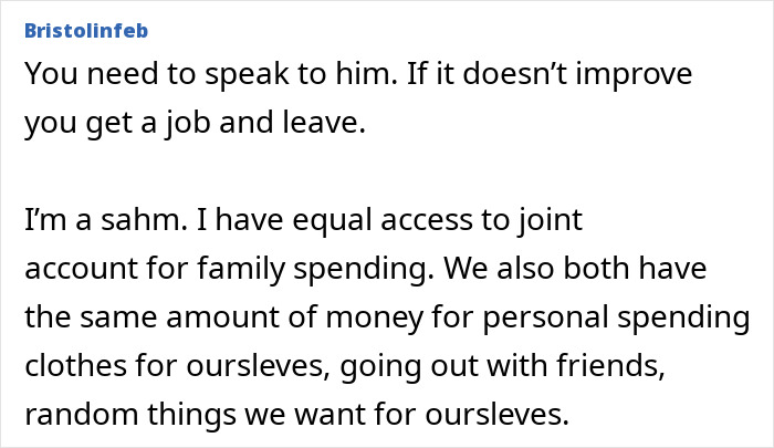 ALT text: Excerpt of a discussion about sick having and asking husband money with joint account and personal spending. ALT text: Excerpt of a discussion about sick having and asking husband money with joint account and personal spending.